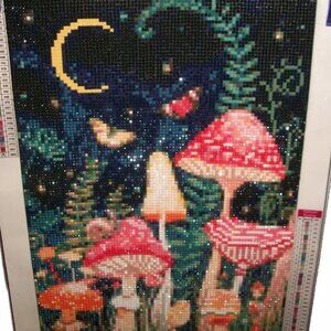New Handmade Finished Beaded-Needlepoint "Midnight in the Garden of Toadstools"